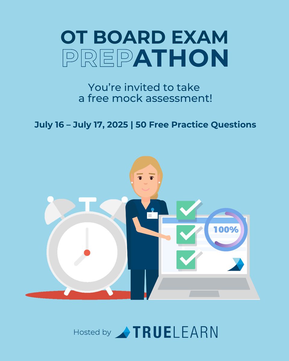 TrueLearnLLC's tweet image. From July 16 to July 17, experience the power of TrueLearn with our virtual Prepathon event. Simulate the NBCOT testing experience with 50 board-style questions mapped to the exam blueprint, timed just like the real thing.
Register byJuly 11 @5:00 PM ET: content.truelearn.com/otr-prepathon?…
