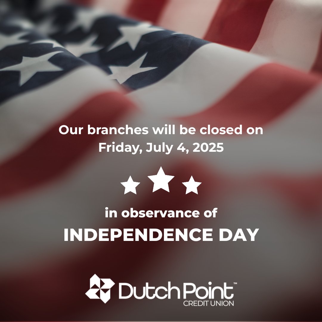 Our branches will be closed on Friday, July 4th in observance of Independence Day.
Digital Banking is available 24/7 for balance checks, transfers, and deposits. You can also access your accounts anytime at our Express Banking Hubs.
Have a safe and happy Fourth of July! ❤️🤍💙