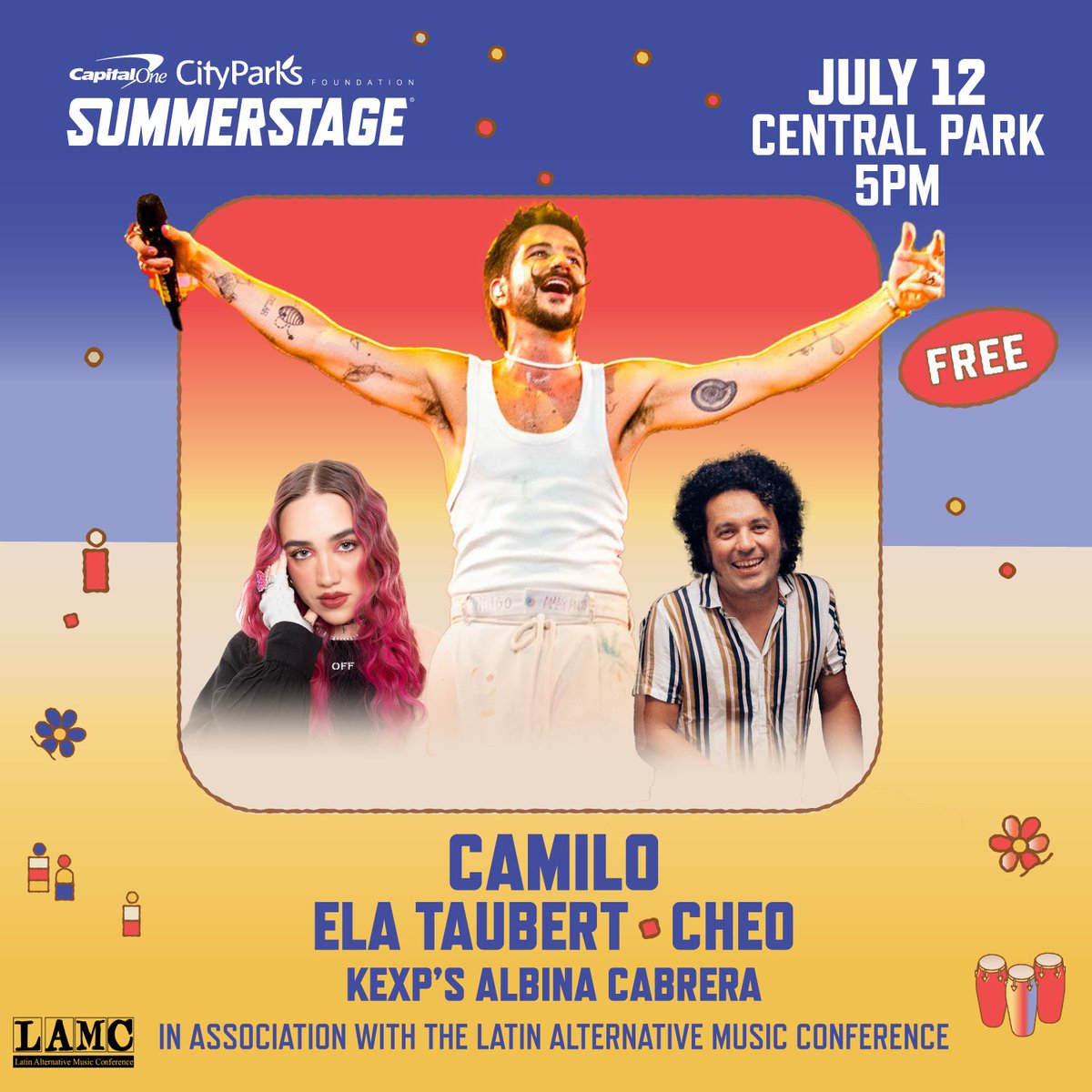 SummerStage (@summerstage) on Twitter photo Next week in Central Park! Colombian superstar <a href="/CamiloMusica/">Camilo</a> makes his @capitalone <a href="/cpnyc/">Cinematic Portraits</a> #SummerStage debut on July 12 with the talented <a href="/elataubert/">Ela Taubert</a>, @cheopardo, and <a href="/kexp/">kexp</a>'s <a href="/AlbiCabrera/">Albina Cabrera</a> in association with @thelamc. Doors for this FREE show open at 5PM! cityparksfoundation.org/events/camilo-… Next week in Central Park! Colombian superstar <a href="/CamiloMusica/">Camilo</a> makes his @capitalone <a href="/cpnyc/">Cinematic Portraits</a> #SummerStage debut on July 12 with the talented <a href="/elataubert/">Ela Taubert</a>, @cheopardo, and <a href="/kexp/">kexp</a>'s <a href="/AlbiCabrera/">Albina Cabrera</a> in association with @thelamc. Doors for this FREE show open at 5PM! cityparksfoundation.org/events/camilo-…
