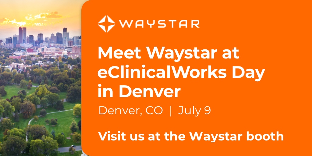Waystar's tweet image. Heading to eClinicalWorks Day in Denver next week? Visit our booth to learn how to streamline workflows and reduce admin burden with Waystar’s AI-powered platform. Stop by or book a time in advance: ow.ly/V4kv50WkBh1 #eCWDays