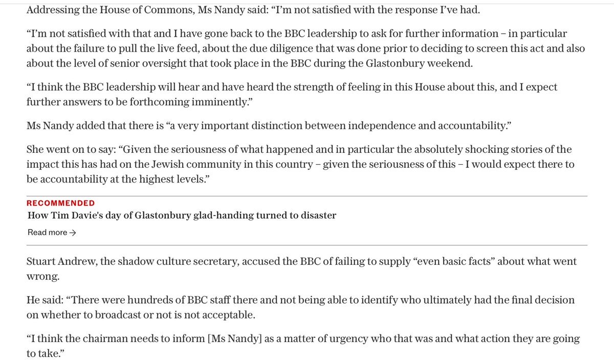 rogermosey's tweet image. The BBC made bad mistakes at Glastonbury. But politicians (via @telegraph) are now trying to micromanage the corporation’s response. The BBC should be independent and accountable, but accountability doesn’t mean doing what Lisa Nandy and Stuart Andrew say.