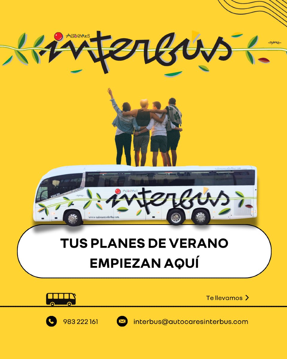 AutocarInterbus's tweet photo. Tus planes de verano empiezan con Interbús.
Contacta con nosotros para organizar tu viaje.

#autocaresinterbus #viajesvalladolid https://t.co/dXy2RBryzd