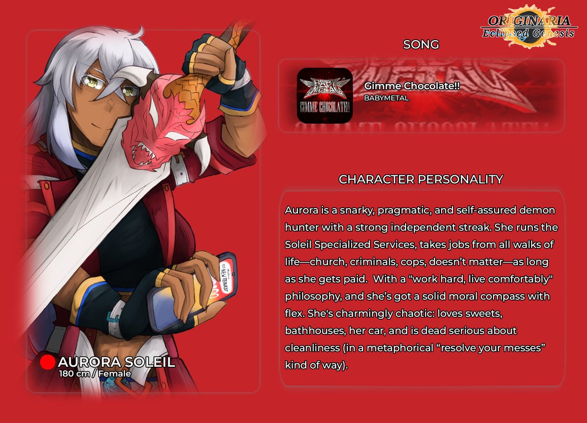 Meet Aurora Soleil — the protagonist of my first novel "Originaria: Eclipsed Genesis".

Here's a mini-profile on her with a song she'd totally, most likely listen to, and some details about her personality.

#Lightnovel #OriginariaEclipsedGenesis