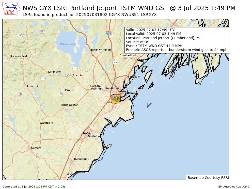 At 1:49 PM EDT, Portland Jetport [Cumberland Co, ME] ASOS reports Tstm Wnd Gst of M44 MPH. ASOS reported thunderstorm wind gust to 44 mph. #mewx mesonet.agron.iastate.edu/lsr/?by=wfo&wf…
