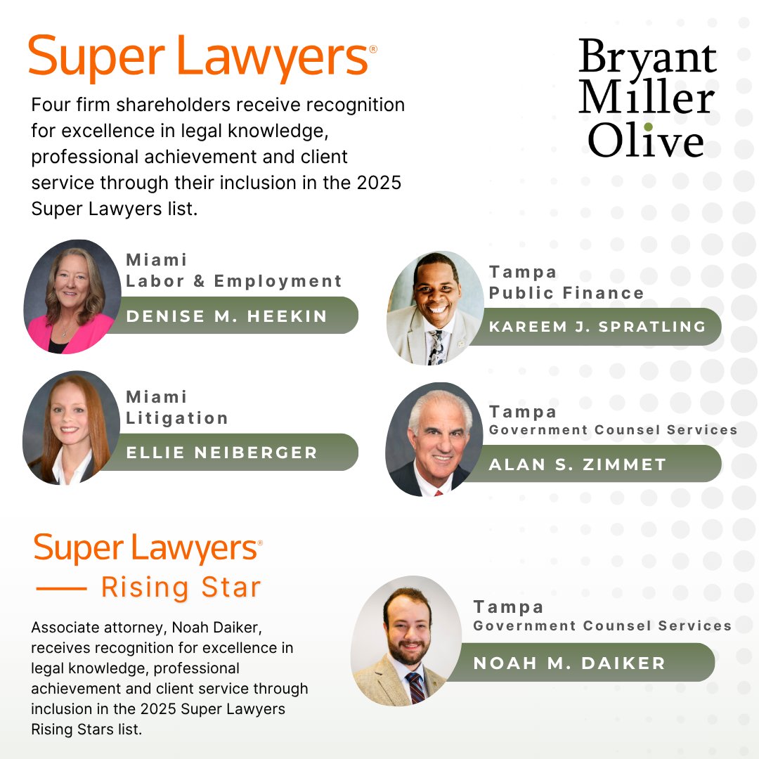 BMO_Law's tweet image. Four firm shareholders are recognized for excellence in legal knowledge &amp;amp; client service through inclusion in the 2025 @SuperLawyers: Denise Heekin, Ellie Neiberger, @KJS_ESQ and Alan Zimmet. Associate attorney, Noah Daiker receives recognition in @SuperLawyers Rising Stars.