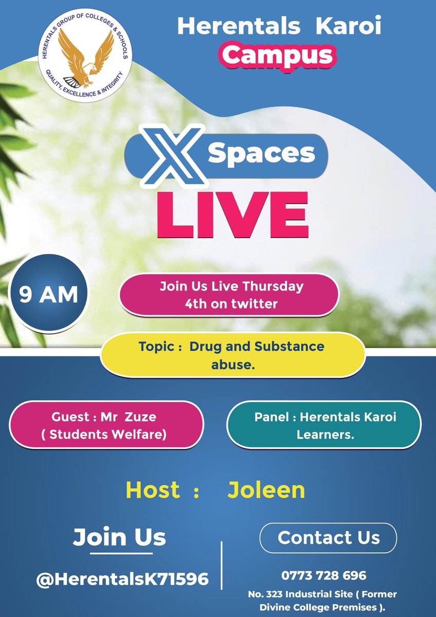 Set a reminder for the upcoming space. Join us live tomorrow at 9am <a href="/HerentalsK71596/">Herentals Karoi</a> as we discuss Drug and Substance Abuse. #Drug #DrugFreeWorld #Education <a href="/Drug_Researcher/">Matthew W. Johnson</a> <a href="/FDA_Drug_Info/">FDA Drug Information</a> <a href="/UNODC/">UN Office on Drugs & Crime</a> <a href="/UNZimbabwe/">UN Zimbabwe</a> <a href="/mentalhealth/">Mental Health Foundation</a>