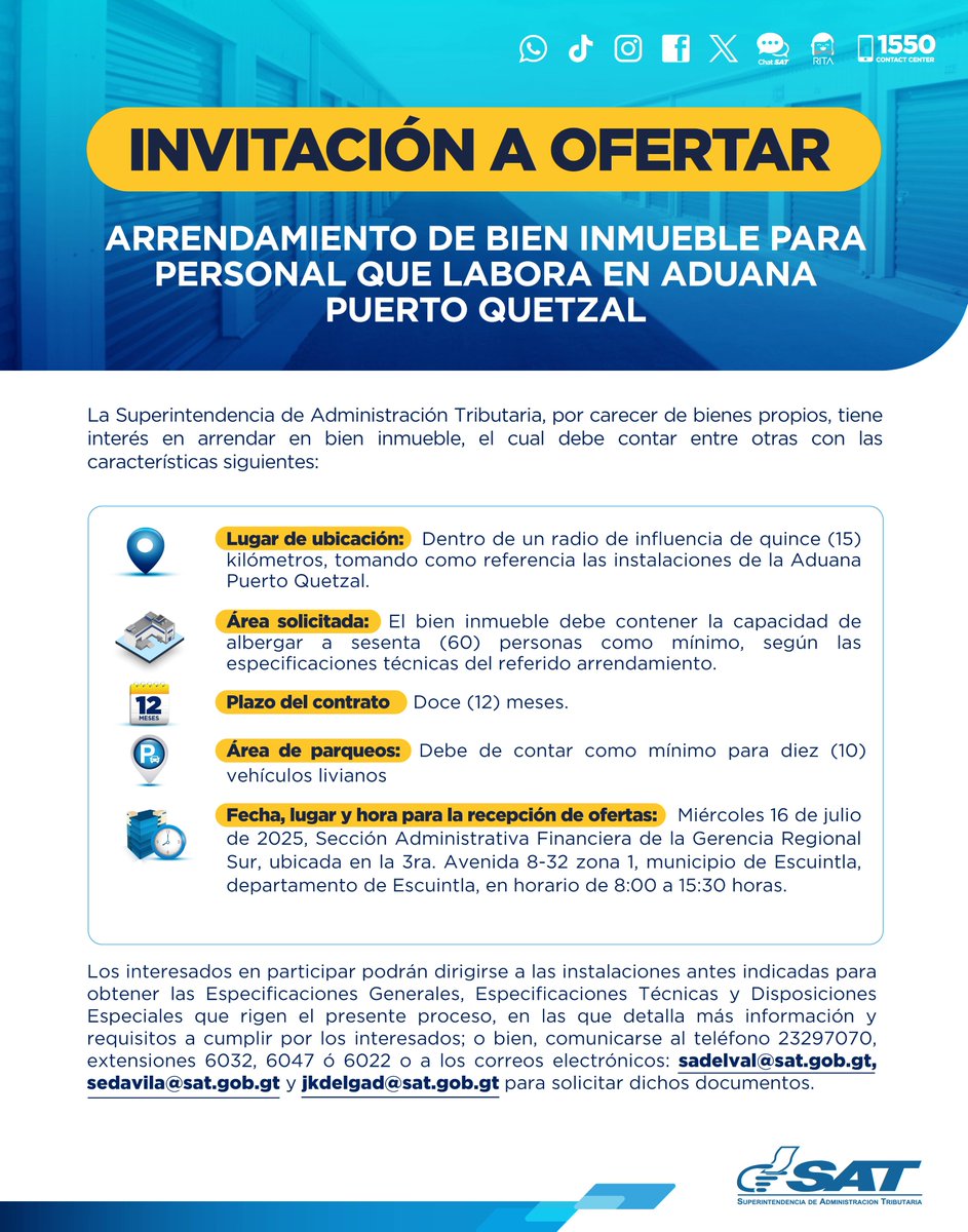 📢 ¡Invitación a ofertar!

Arrendamiento de bien inmueble para personal que labora en Aduana Puerto Quetzal, Escuintla.

Aquí la información ⬇