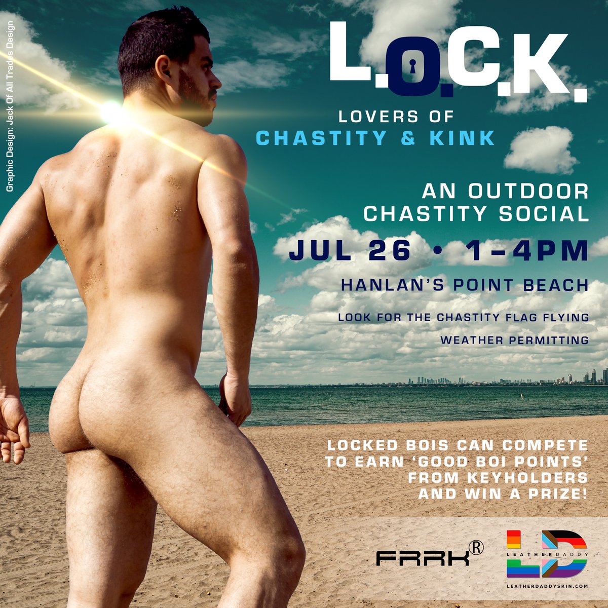 locktoronto_'s tweet photo. Save The date! L.O.C.K.🔐 is hosting a very special one-off beach day at @hanlansbeach 🏖️ on Sat., July 26th! There #LockedBois can compete to earn 'good boi points' from #Keyholders & win prizes from @LeatherDaddyCo & @ifrrk_frrk! @GayChastityRTs @ChastitypigRTS @lockedboylinks https://t.co/iiwdevOMO3