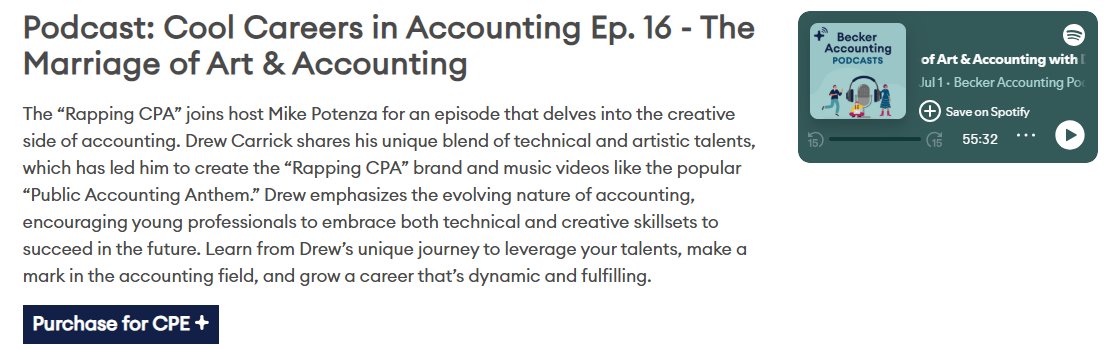 TheRappingCPA's tweet image. Chatted with @BeckerAcct on their Cool Careers in Accounting podcast, because podcasting is kinda what I do😉

Free on becker.com/cpe/becker-pod…, Apple Podcasts, Spotify, or on YouTube.

Give it a watch/listen and let me know what you think! (Plus it&apos;s CPE eligible)