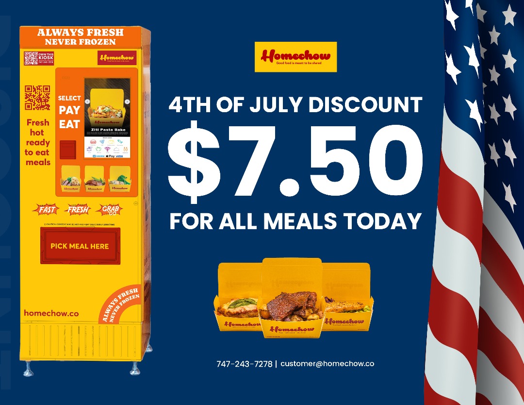 4th of July Special: All Meals are only  $7.50! 🇺🇸

Celebrate Independence Day the delicious way grab any Homechow meal for only $7.50 today and tomorrow! 
Always fresh, never frozen.
Find a kiosk. Pick a meal. Enjoy freedom in every bite.
#Homechow #July4thDeal #GrabAndGo