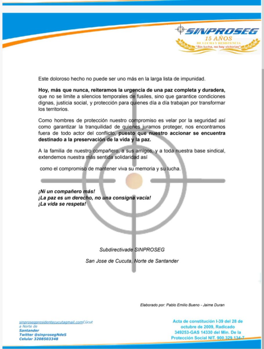 Sinproseg Cúcuta 

Comunicado a la opinion publica, con profundo dolor e indignacion lamentamos el vil asesinato de nuestro compañero BORIS OMEL RODRIGUEZ.

#destacar