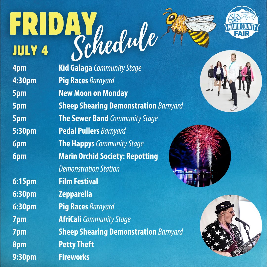 marinfair's tweet photo. Itβs the 4th of July at the #BugTastic #MarinCountyFair! πΊπΈ
Celebrate with live music, festive fun, delicious food, and one of the best fireworks shows in the Bay Area lighting up the sky at 9:30pm!
π https://t.co/KOEFYlSKq7
π¦ Letβs make it a 4th to remember!
#MarinFair https://t.co/crdFZXjwoW