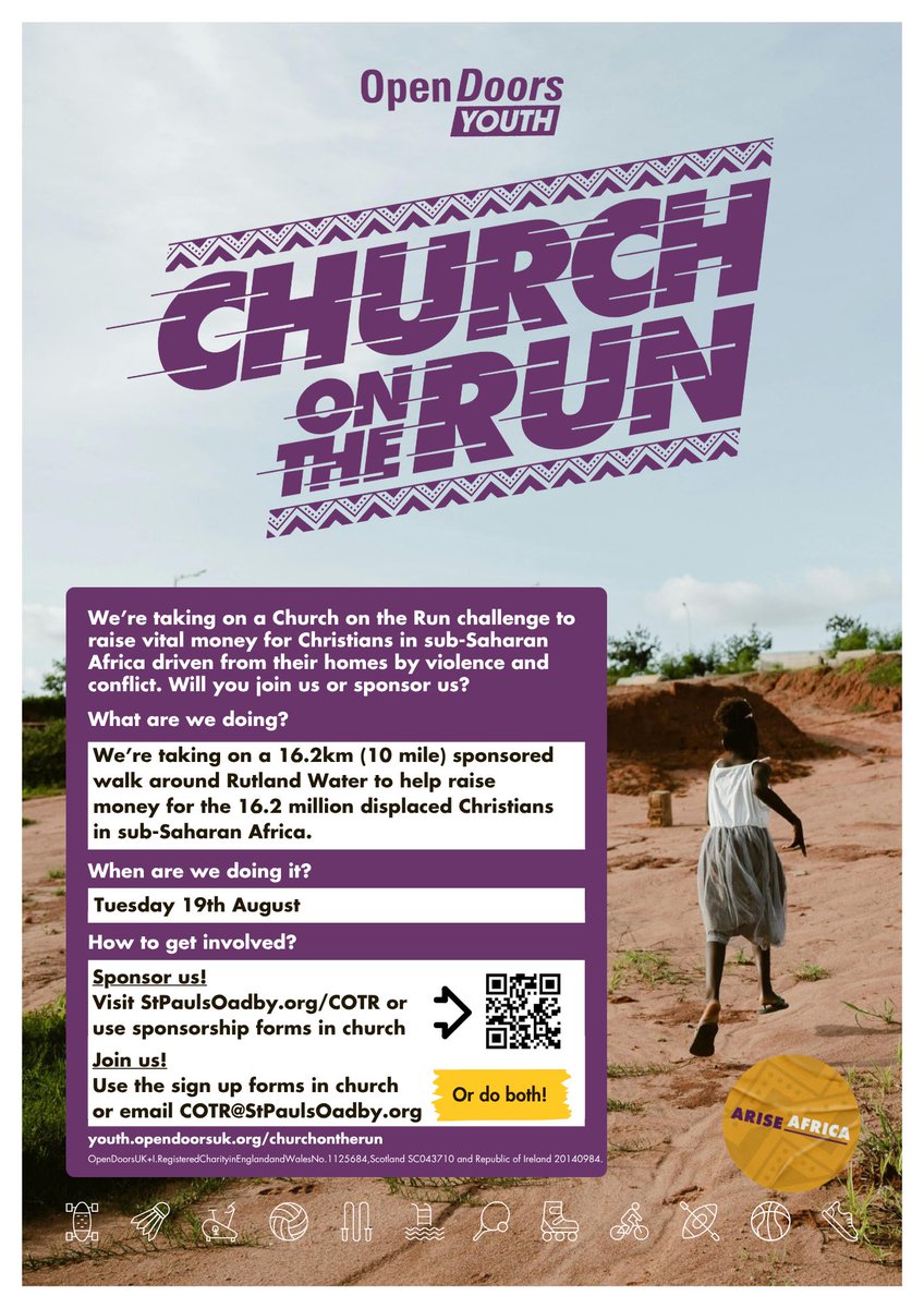 1/ One of our young people was inspired by a fund raising idea with Open Doors, who support Christians who are persecuted for their faith. It’s called “Church in the run” and we will be doing a 16.2km hike as a youth group (with some possible other participants from church)…