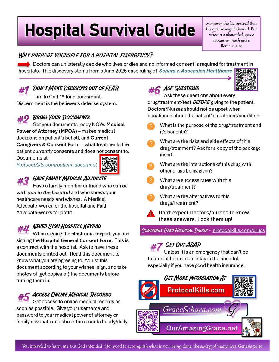 protocolkills's tweet image. 💥➡️ HOSPITAL SURVIVAL GUIDE ⬅️💥
Be prepare now with this vital information in case of an emergency. Find out more at protocolkills.com/survival and GraceSchara.com
@MdBreathe
@ArdisDoc @stilettodee1
@Fynnderella1
@kacdnp91
@GraceEmilysDad
@Drew71477
@RSBNetwork…