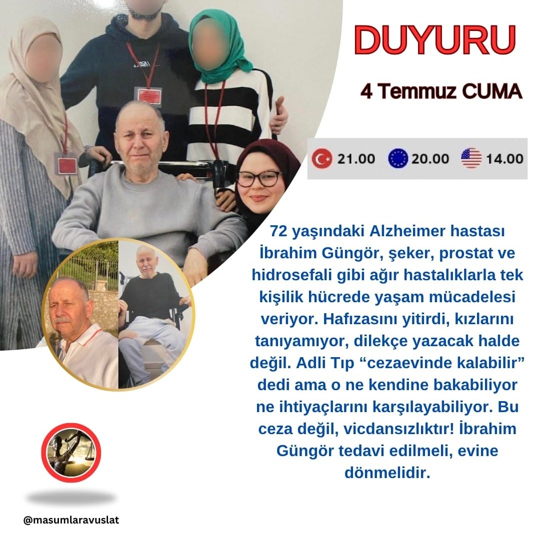 Bir ülkenin adaleti, en güçsüzüne nasıl davrandığıyla ölçülür. Hafızasını kaybetmiş İbrahim Güngör hücrede çürütmek ne hukukla ne insanlıkla bağdaşır. Bu yapılan zulümdür!
<a href="/adalet_bakanlik/">T.C. Adalet Bakanlığı</a>
<a href="/AliYerlikaya/">Ali Yerlikaya</a>
<a href="/ADLITIPKURUMU/">Adli Tıp Kurumu</a>
#KHKlarHukukaAykırı
