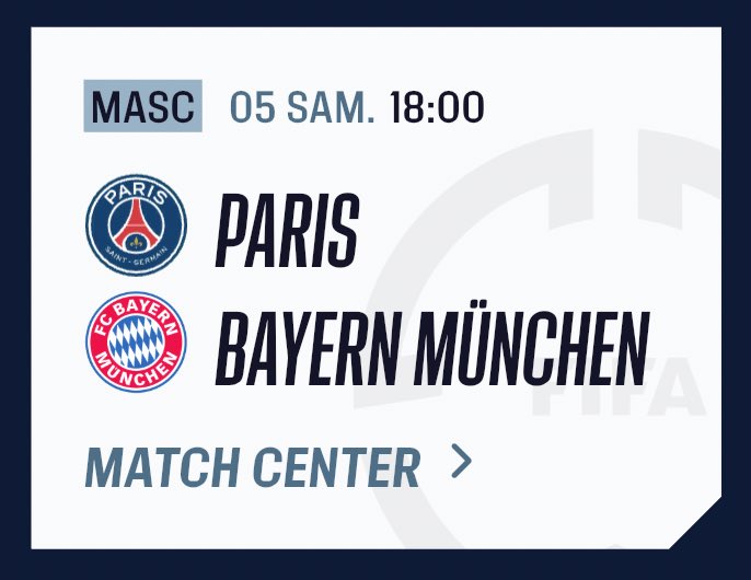 N’oubliez pas : le PSG joue samedi à 18h contre le Bayern Munich, en quarts de finale de la Coupe du monde des clubs ! 🔥🔴🔵 

Donnez vos pronostics !
Celui qui trouve le bon aura une petite surprise. 😜

#FIFACWC | #PSGFCB