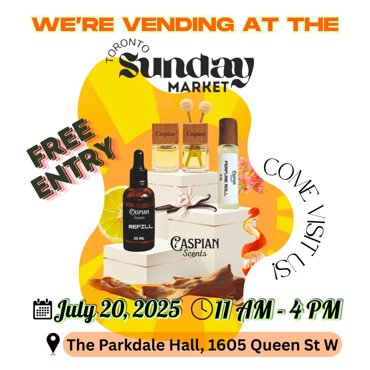 CaspianScents's tweet image. We’re vending at Parkdale Hall @TorontoSundayMarket!
📍1605 Queen St W | 🗓 July 20, 
🕑Sunday 11–4 | 🎟 FREE entry
Find car diffusers, perfume rollers, room sprays &amp;amp; more — all handmade in Toronto 💖
@theparkdalehall

#TorontoSundayMarket #SupportLocal #CarDiffusers #ToDoToronto