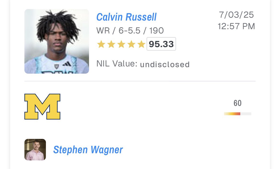uofmcoverage's tweet image. 2026 5⭐️ WR Calvin Russell has been predicted to Michigan by On3’s Stephen Wagner #GoBlue