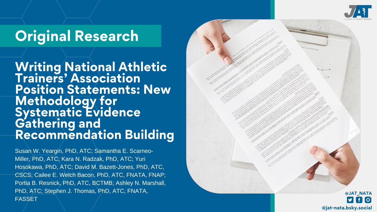 JAT_NATA's tweet image. In the new issue, Susan W. Yeargin, PhD, ATC and colleagues provide updated methodology (topic selection, author group formation, evidence gathering, recommendation building) for future NATA Position Statements. 

Paper: doi.org/10.4085/1062-6…
