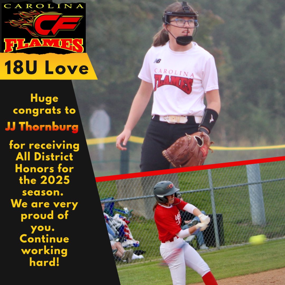 Carolina Flames Softball (@carolinaflames1) on Twitter photo Congrats to <a href="/jj_thornburg/">JJ Thornburg</a> from Carolina Flames Love for receiving all District Honors for the 2025 season. We are very proud of you. Keep working hard! Congrats to <a href="/jj_thornburg/">JJ Thornburg</a> from Carolina Flames Love for receiving all District Honors for the 2025 season. We are very proud of you. Keep working hard!