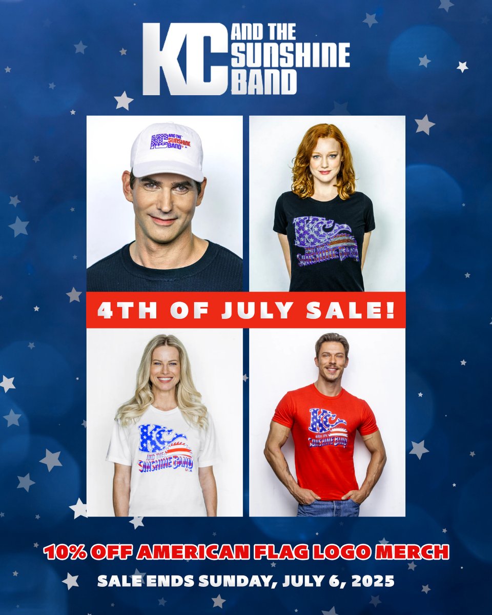 Celebrate the 4th of July with 10% off all KC and The Sunshine Band American Flag Logo Merch! Sale ends July 6th! heykcsb.com/pages/shop