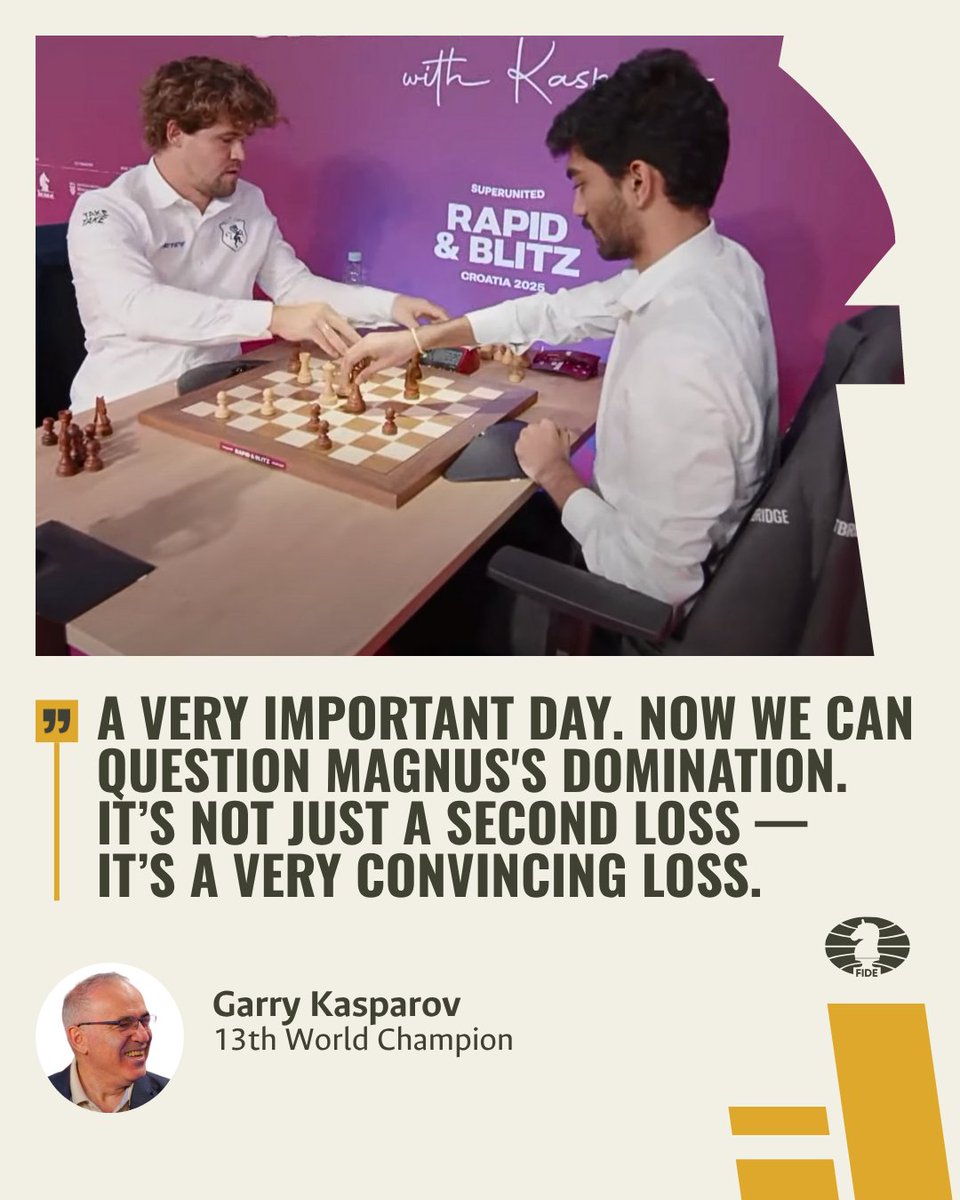 🇮🇳 Gukesh D defeats 🇳🇴 Magnus Carlsen with the black pieces in a rapid game at the Grand Chess Tour. Share your thoughts in the comments!