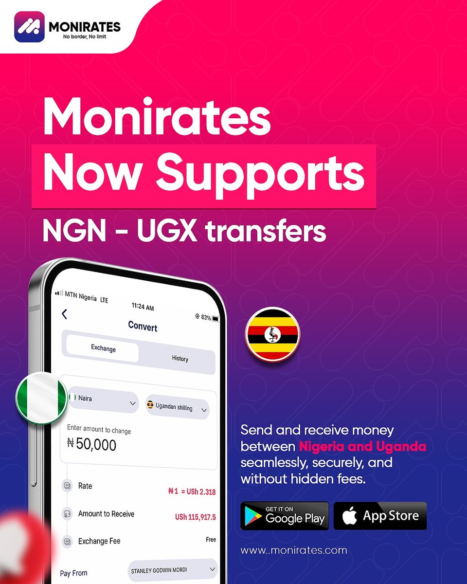 NGN &lt;&gt; UGX Transfers Are Live! ❤️
Your money, moving faster between Nigeria and Uganda.

You can now send and receive Nigerian Naira (NGN) and Ugandan Shillings (UGX) directly on Monirates.