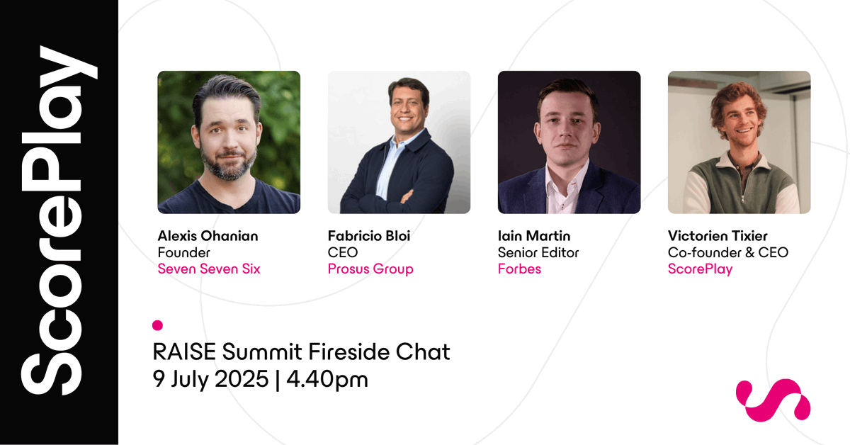 ScorePlay (@scoreplayhq) on Twitter photo Excited to share that our CEO <a href="/VictorienTixier/">Vic Tixier</a> will join <a href="/alexisohanian/">Alexis Ohanian 🗽</a>, Fabricio Bloi, and Iain Martin for a Fireside Chat at #RAISESummit in Paris!
📅 July 9, 2025 | 4:40pm
#ForSportsBySports Excited to share that our CEO <a href="/VictorienTixier/">Vic Tixier</a> will join <a href="/alexisohanian/">Alexis Ohanian 🗽</a>, Fabricio Bloi, and Iain Martin for a Fireside Chat at #RAISESummit in Paris!
📅 July 9, 2025 | 4:40pm
#ForSportsBySports