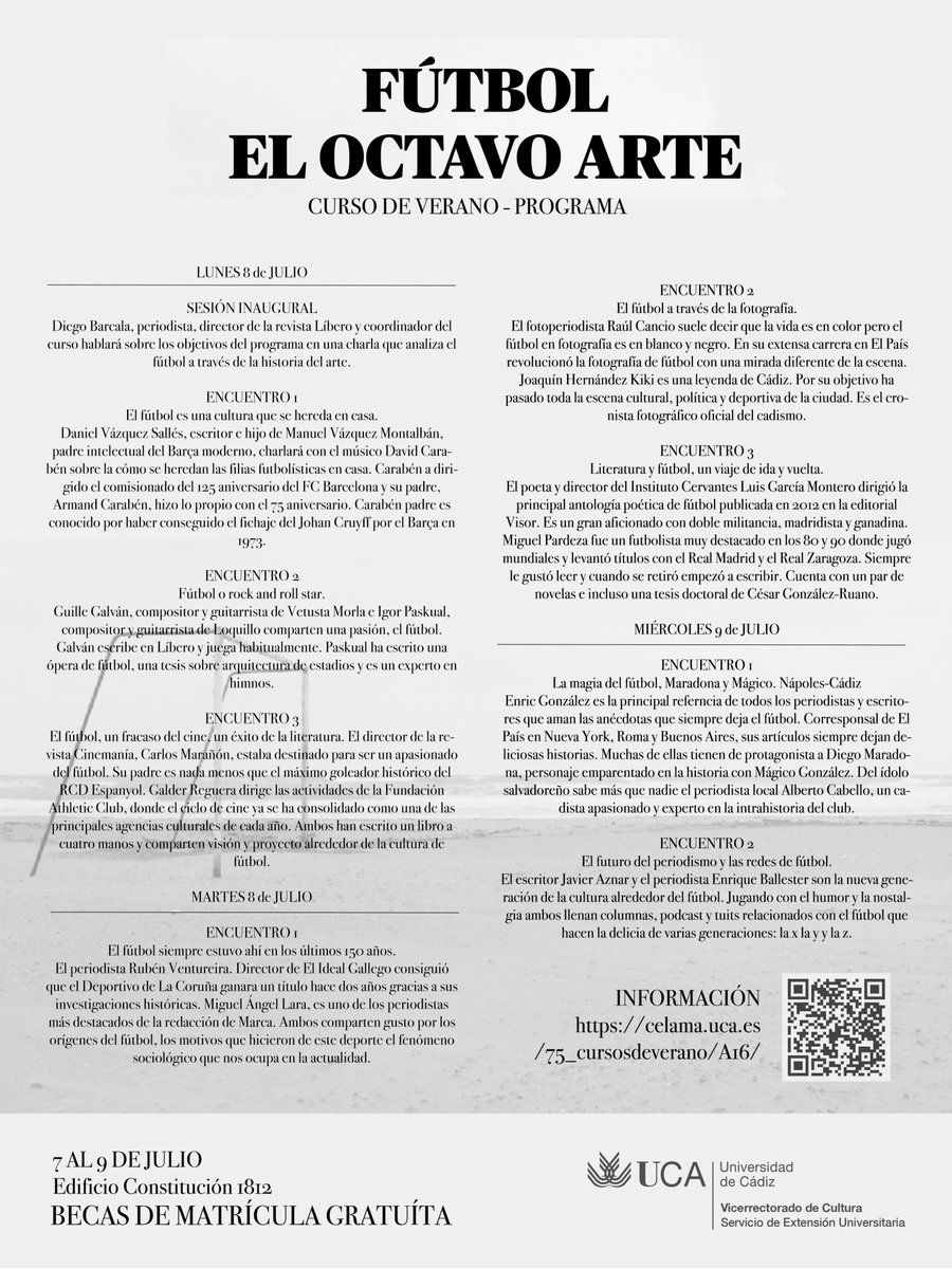Jose A González Alba (@jagonzalezalba) on Twitter photo ⚽️ 'Fútbol, el octavo arte', Curso de Verano de la <a href="/univcadiz/">Universidad de Cádiz</a> de la mano de <a href="/revistalibero/">Revista Líbero</a>
📅 7, 8 y 9 de julio #Cádiz
Con Diego Barcala, Enric González, Luis García Montero, Kiki, Raúl Cancio, Miguel Pardeza, Enrique Ballester...
La info aquí
celama.uca.es/75_cursosdever… ⚽️ 'Fútbol, el octavo arte', Curso de Verano de la <a href="/univcadiz/">Universidad de Cádiz</a> de la mano de <a href="/revistalibero/">Revista Líbero</a>
📅 7, 8 y 9 de julio #Cádiz
Con Diego Barcala, Enric González, Luis García Montero, Kiki, Raúl Cancio, Miguel Pardeza, Enrique Ballester...
La info aquí
celama.uca.es/75_cursosdever…