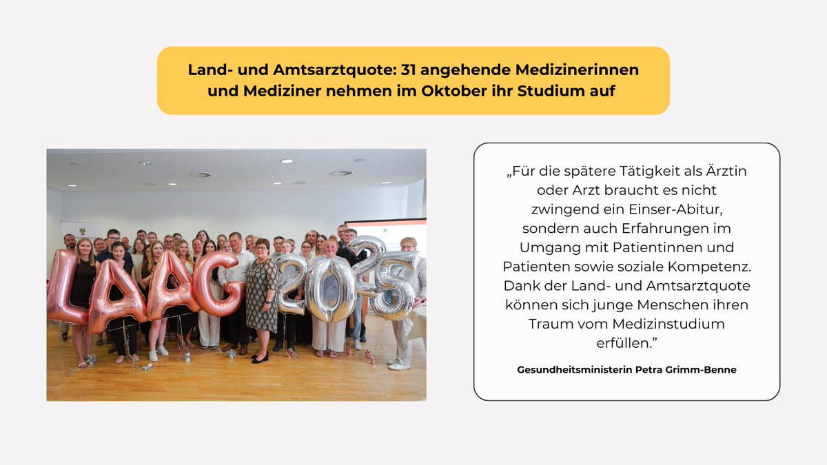 🎉 Ministerin Petra Grimm-Benne hat heute 31 Studierenden der Land- und Amtsarztquote Sachsen-Anhalt zum erfolgreichen Abschluss des Auswahlverfahrens gratuliert. Sie werden ab Oktober ihr Studium an den Universitäten in Magdeburg und Halle beginnen. 🔗lsaurl.de/laag2025
