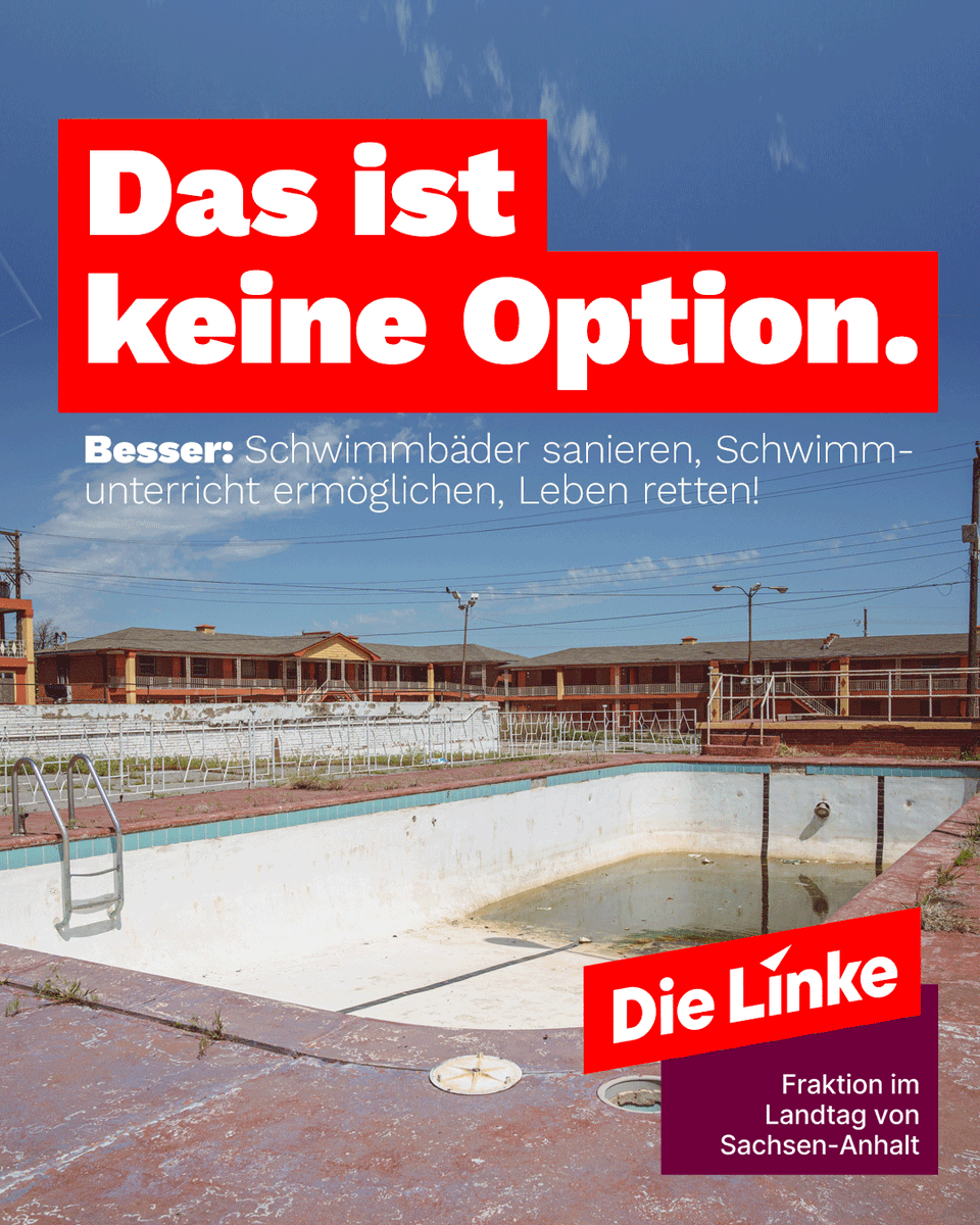 #DieLinke im #ltlsa kämpft seit Jahren für die Sanierung unserer #Schwimmbäder - nicht nur, damit die Menschen vor Ort sich an heißen Tagen abkühlen können, sondern auch, damit Kinder die Möglichkeit haben, #schwimmen zu lernen. Denn das rettet Menschenleben.
#sachsenanhalt