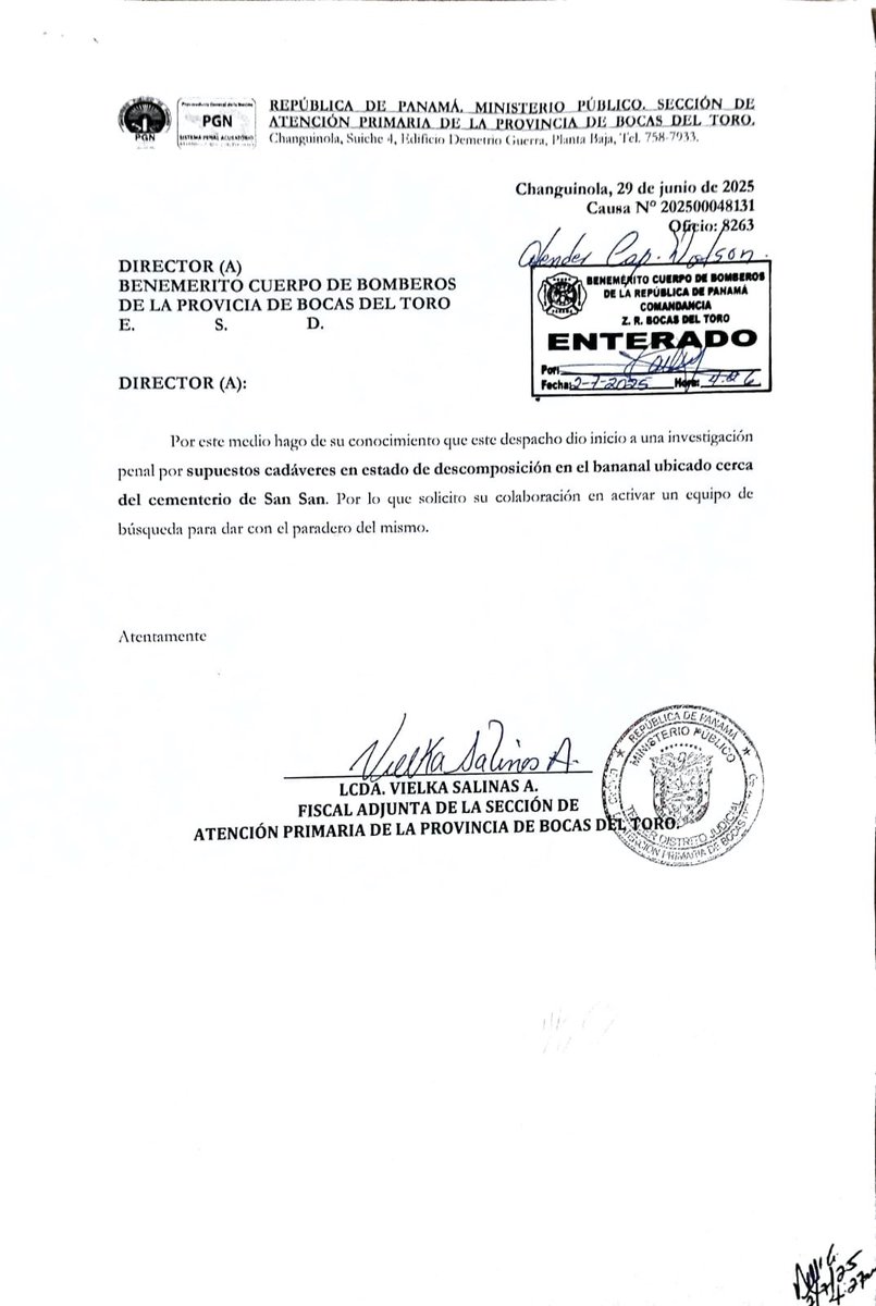 COMUNICADO OFICIAL

Ante la circulación en medios de comunicación de un documento oficial relacionado con una operación en la provincia de Bocas del Toro, el Benemérito Cuerpo de Bomberos de la República de Panamá informa a la ciudadanía lo siguiente:

1. Confirmamos la