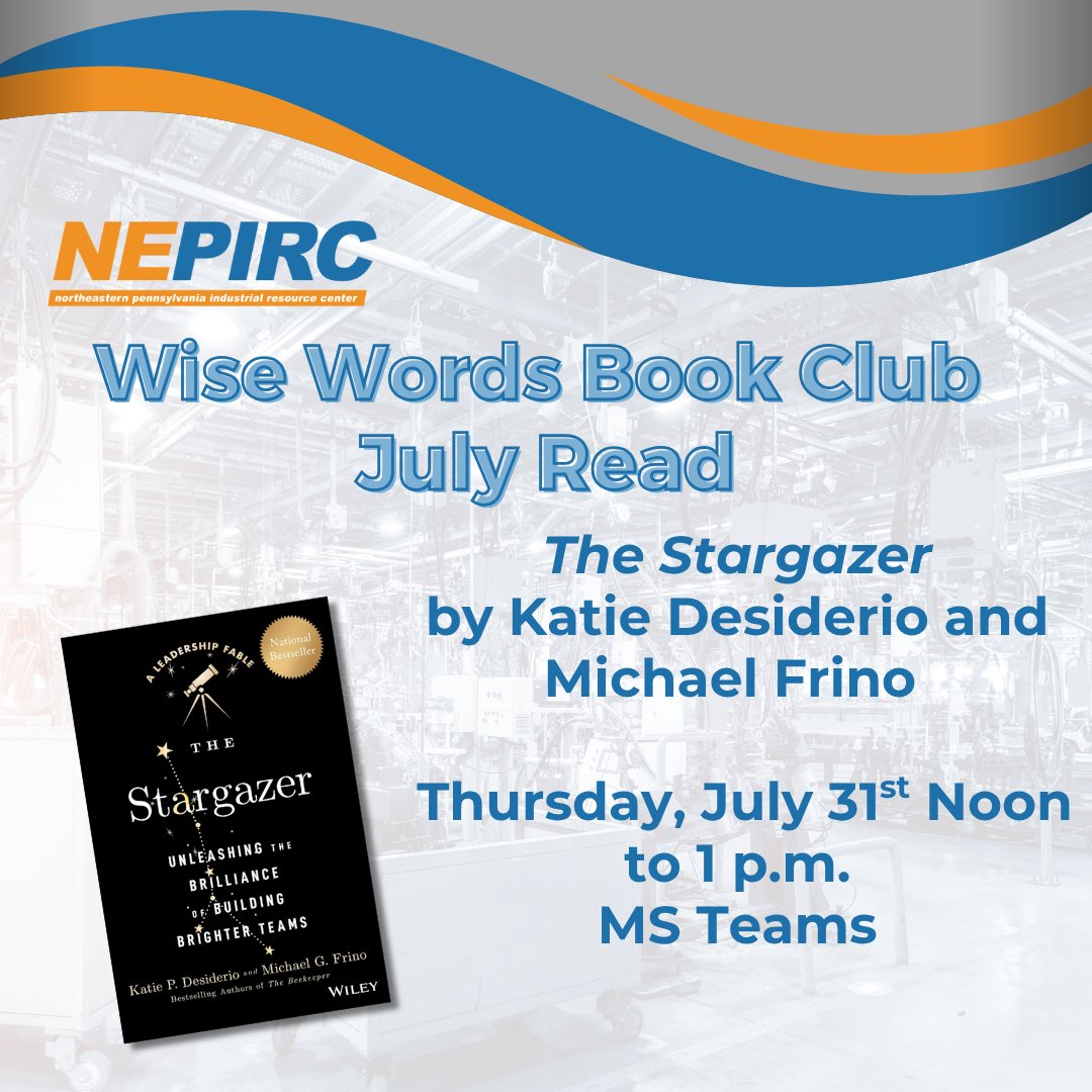 NEPIRC's tweet photo. This month, NEPIRC's Wise Words Book Club is reading "The Stargazer" by Katie Desiderio and Michael Frino.

We will meet on Thursday, July 31, from noon to 1 p.m. via MS Teams. Click the link below to learn more about this book and sign up: 

https://t.co/xoqpiA309Y https://t.co/kfpWtB0gqc