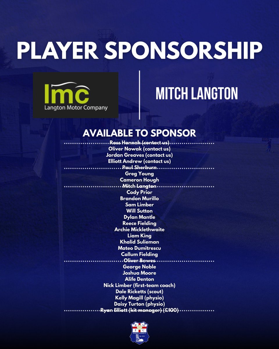 🤝 Big thank you also to the Langton Motor Company (langtonmotorcompany.co.uk) for sponsoring <a href="/mitchlangton/">Mitch</a>. See all the other players and staff still available to sponsor for £150 on the list below. To sponsor ⬇️

📲 Send us a DM or
📧 rmfc1919@rossingtonmainfc.co.uk

#UpTheRosso