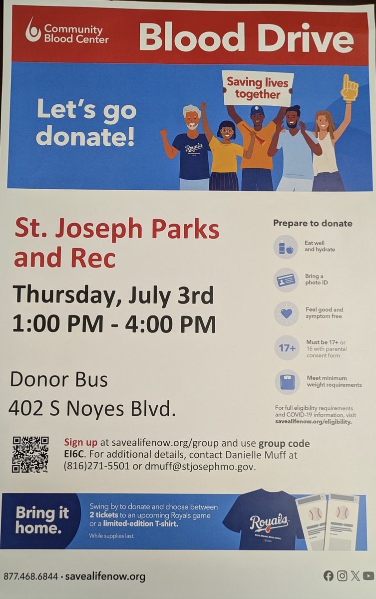 City of St. Joseph (@citystjoemo) on Twitter photo Become a hero for patients in need by joining <a href="/stjoemoparks/">stjoemoparks</a> and the Community Blood Center during a blood drive event today from 1-4pm, at the Aquatic Center. To sign up, visit savealifenow.org/group and use the group code EI6C. Become a hero for patients in need by joining <a href="/stjoemoparks/">stjoemoparks</a> and the Community Blood Center during a blood drive event today from 1-4pm, at the Aquatic Center. To sign up, visit savealifenow.org/group and use the group code EI6C.