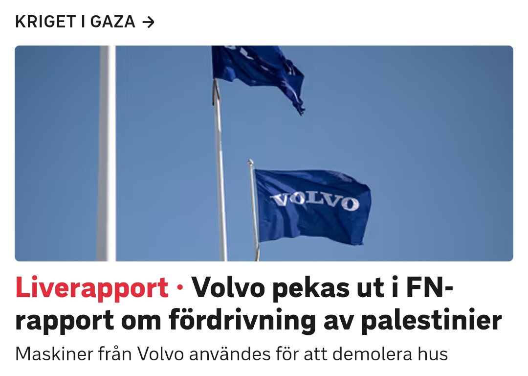 Kengellil's tweet image. Ett av företagen är svenska Volvo Group. Tunga maskiner från koncernen uppges användas vid rivningen av hus och utvecklingen av illegala bosättningar.

”Sedan åtminstone 2007 har Volvos maskiner använts för att jämna palestinska områden med marken”,