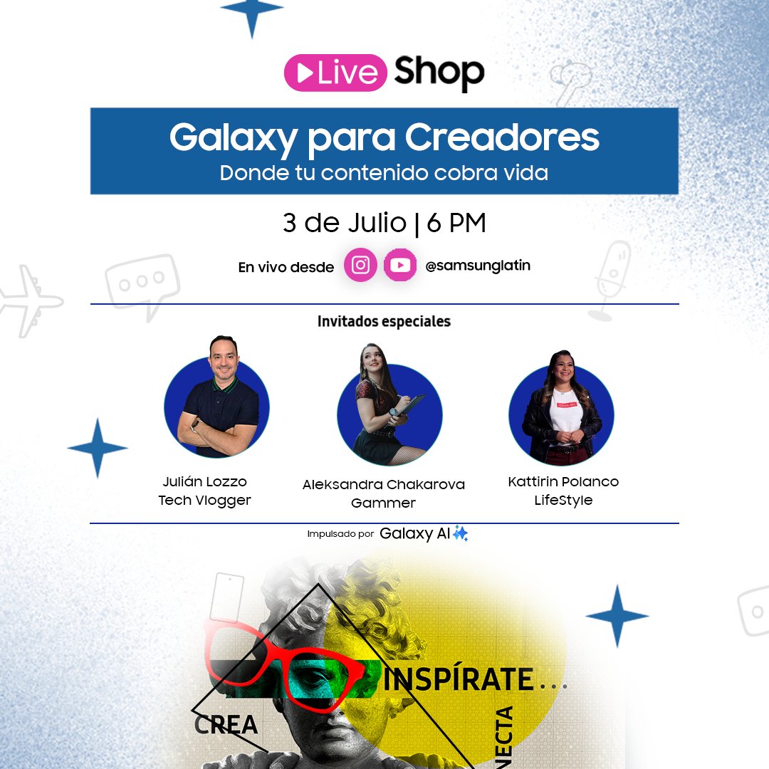SamsungLatin's tweet photo. ¡Hoy tu creatividad despega con Galaxy! 🚀🧠
Sintoniza nuestro #LiveShop 🔴 en YouTube ▶️ https://t.co/DW0oy6hAg3 y aprovecha ofertas irrepetibles 💥 solo por tiempo limitado ⏳. https://t.co/Reuv8A4hE7