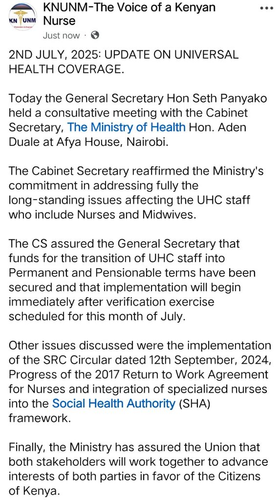 Thank you <a href="/KNUNOFFICIAL/">KNUNM-The Voice of a Kenyan Nurse & Midwife</a> 

We trust that this process is fast tracked.

We can't wait to enjoy the PnP benefits.