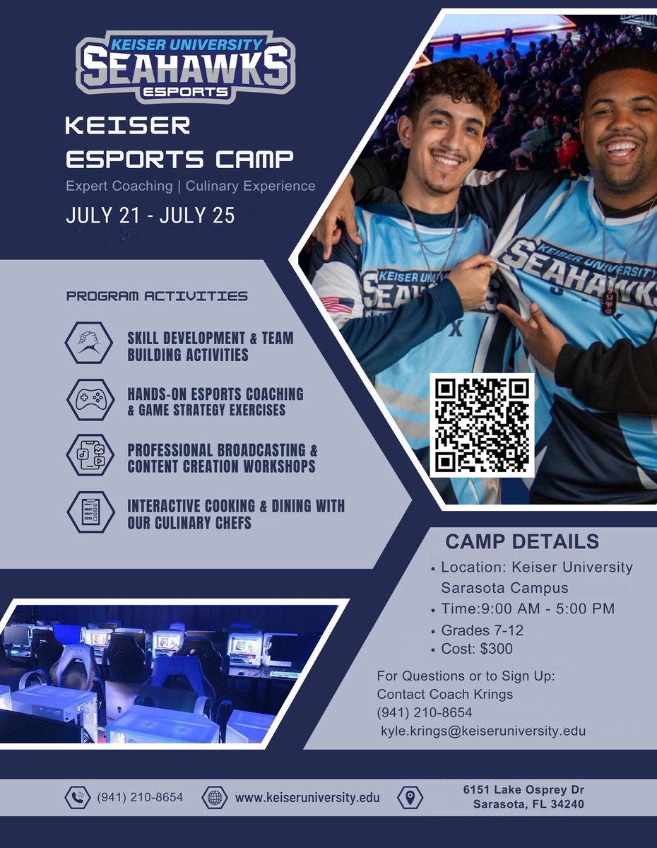 Level up your summer! 👨‍🍳🎮

Join us the week of July 21st for an action-packed esports &amp; culinary camp. 

Click the QR code for more details or sign-up!