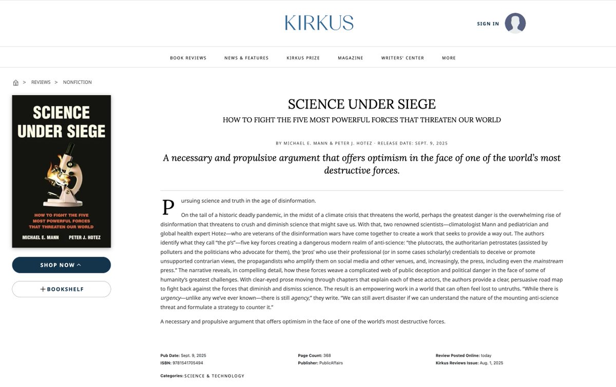 Prof Michael E. Mann (@michaelemann) on Twitter photo An effusive review of #ScienceUnderSiege by <a href="/KirkusReviews/">Kirkus Reviews</a> of my forthcoming book with <a href="/PeterHotez/">Prof Peter Hotez MD PhD DSc(hon)</a> , #ScienceUnderSiege
kirkusreviews.com/book-reviews/m… An effusive review of #ScienceUnderSiege by <a href="/KirkusReviews/">Kirkus Reviews</a> of my forthcoming book with <a href="/PeterHotez/">Prof Peter Hotez MD PhD DSc(hon)</a> , #ScienceUnderSiege
kirkusreviews.com/book-reviews/m…