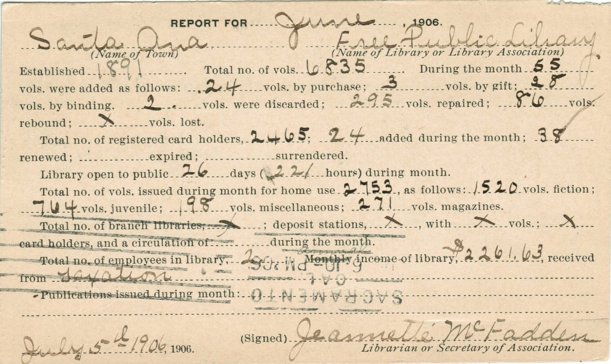 ocpublib's tweet image. OC Stories #TBT Postcard from Santa Ana Free Library sent to the CA State Library in Sacramento detailing statistics as of July 5 1906: 6835 volumes with 2465 cardholders. City librarian: Jeanette McFadden #libraryreport #records #ocpubliclibraries #localhistory #orangecounty