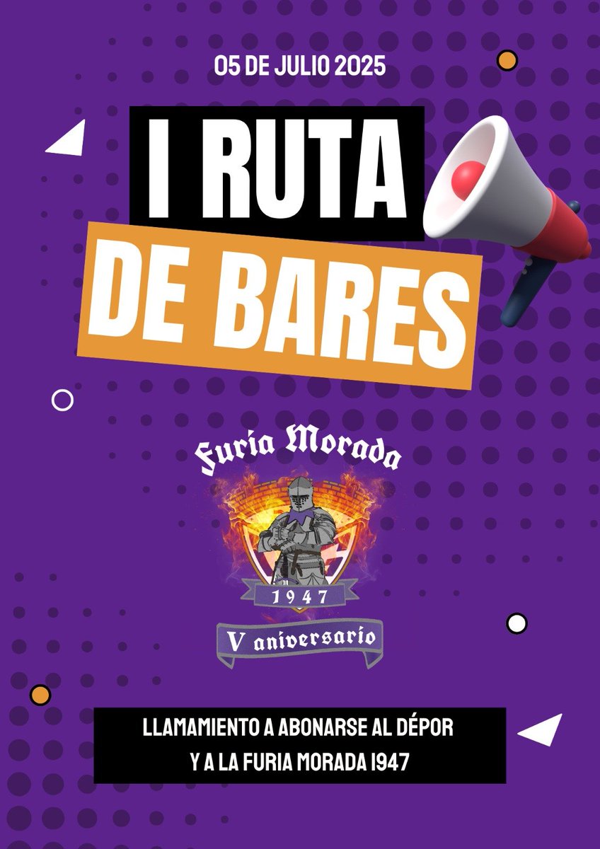 Furia Morada 1947 (@furiamorada1947) on Twitter photo I RUTA DE BARES FURIA MORADA
Recorreremos todo el centro de Guadalajara colocando carteles con la campaña de abonados del <a href="/deporguada/">C.D. Guadalajara 🟣⚪️</a> ataviados con nuestros ropajes morados.
COMIENZO: 20:00 en Bar Escribano con final en el Palacio del Infantado. I RUTA DE BARES FURIA MORADA
Recorreremos todo el centro de Guadalajara colocando carteles con la campaña de abonados del <a href="/deporguada/">C.D. Guadalajara 🟣⚪️</a> ataviados con nuestros ropajes morados.
COMIENZO: 20:00 en Bar Escribano con final en el Palacio del Infantado.