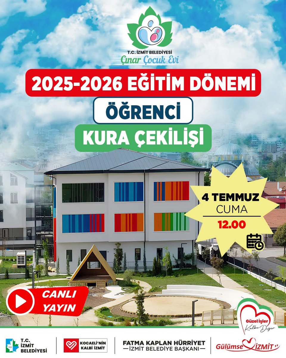 Yeşilova Çınar Çocuk Evi'mizin 2025-2026 Eğitim Dönemi Öğrenci Kura Çekilişi noter huzurunda ve canlı yayında gerçekleşecek. 

📆 4 Temmuz Cuma
⏰ 12.00
📺 Kura çekilişini sosyal medya hesaplarımızdaki canlı yayından takip edebilirsiniz. 

#Gülümseİzmit 🙂