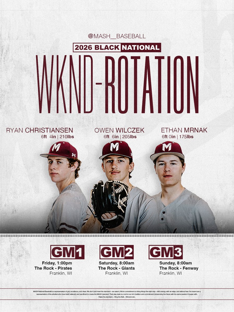 MASH Baseball (@mash__baseball) on Twitter photo 2026 Black National Weekend RO-tation ๐บ๐ธ๐ฆ
GM1: <a href="/ryanchrist21/">Ryan Christiansen</a>
GM2: <a href="/owen_wilczek/">Owen Wilczek</a>
GM3: <a href="/EthanMrnak/">Ethan Mrnak</a> 2026 Black National Weekend RO-tation ๐บ๐ธ๐ฆ
GM1: <a href="/ryanchrist21/">Ryan Christiansen</a>
GM2: <a href="/owen_wilczek/">Owen Wilczek</a>
GM3: <a href="/EthanMrnak/">Ethan Mrnak</a>