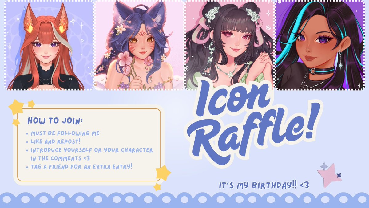hello!! i'm hosting my first birthday art raffle!!  ———⋆— ✦ 

2 winners will receive an icon from me. ends in 48 hours <3

⋆.˚☁️⋆ good luck!!