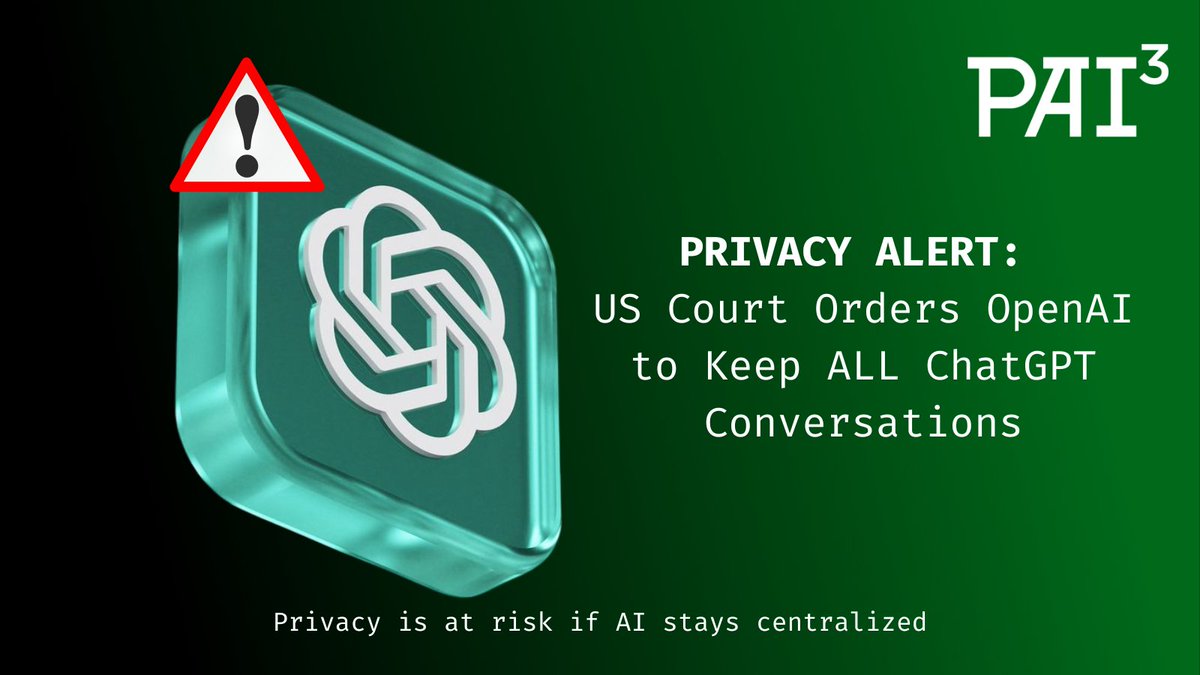 🛑 A U.S. court has ordered OpenAI to store all ChatGPT conversations - including from free users and even deleted chats - so they can be used in court.

Privacy is at risk if AI stays centralized.
A thread 🧵
x.com/Pai3Ai/status/…