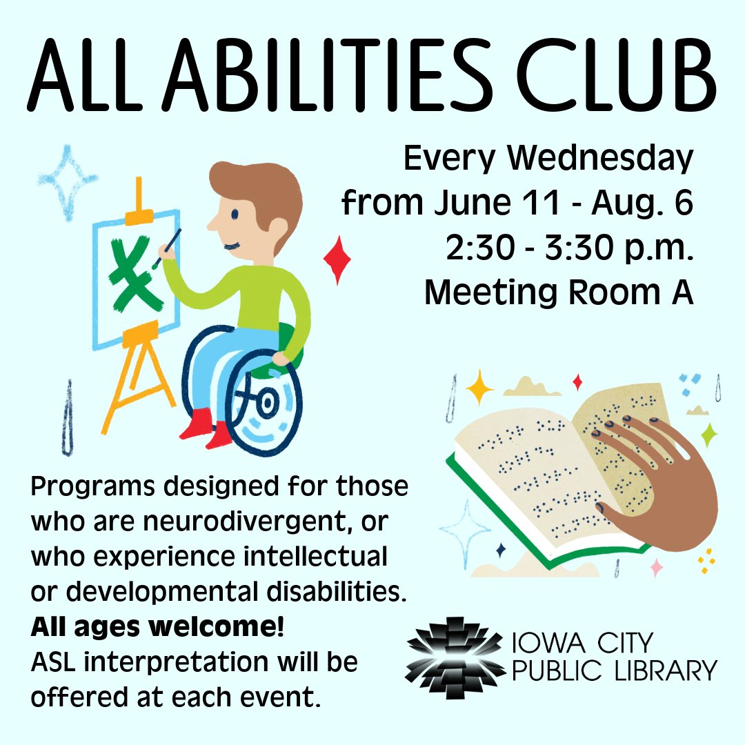 All ages are welcome to join us for smaller crowds, lower lighting, and a casual, laid-back atmosphere every Wednesday at 2:30 p.m.! All Abilities Club is for people who are neurodivergent, or who experience intellectual or developmental disabilities. ow.ly/kehN50WjQKK
