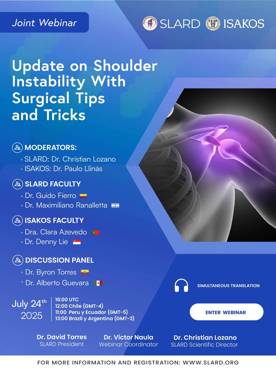 📍Join us in THREE WEEKS for the SLARD-ISAKOS Webinar: Update on Shoulder Instability with Surgical Tips &amp; Tricks 
Presented in Collaboration with SLARD

🗓️ Thursday, July 24, 2025 | 16:00 - 17:00 UTC

🔗 Registration is FREE: isakos.com/Webinars
#ISAKOSWebinar