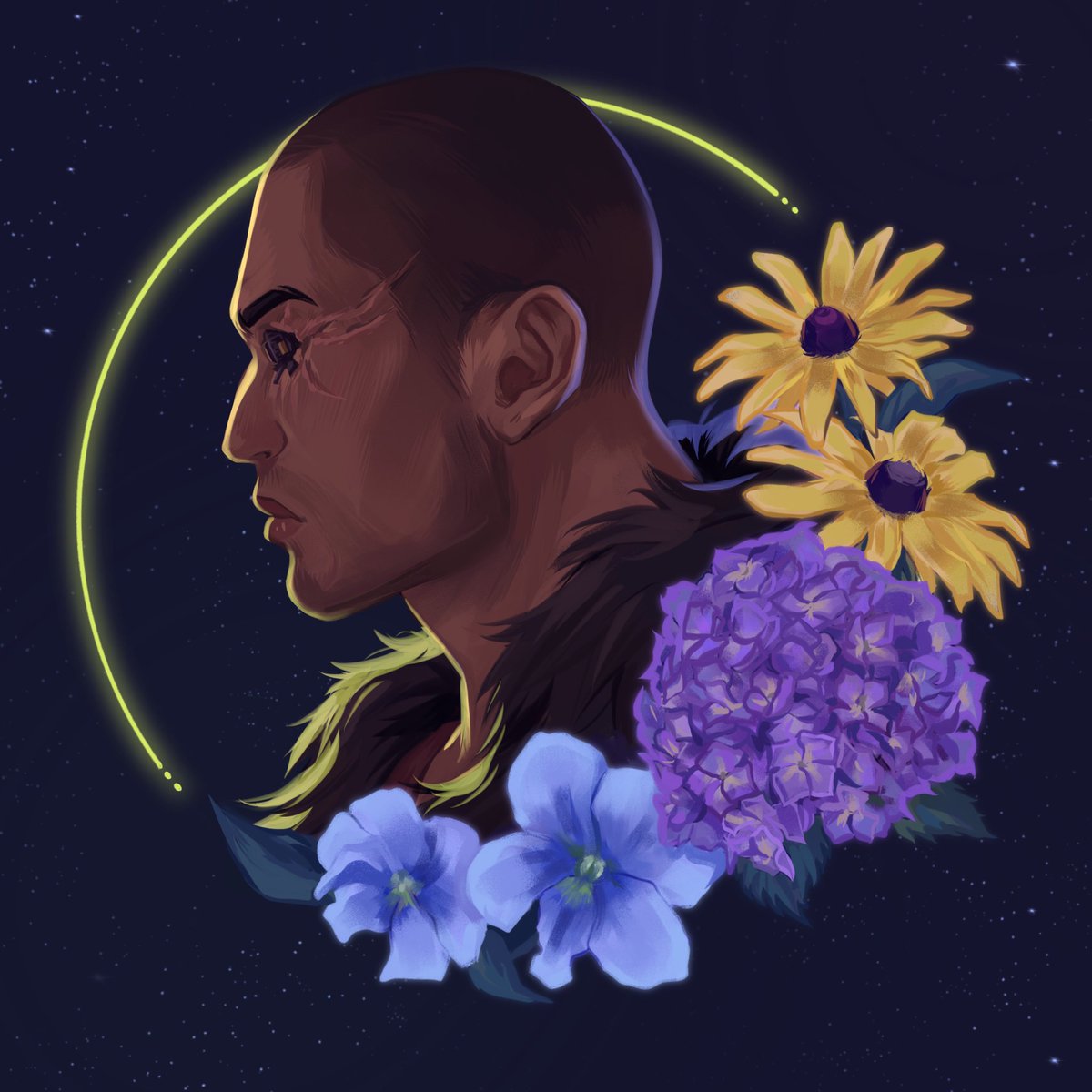 Here’s River!! I definitely had no issues drawing him whatsoever 😭
Flowers are Black-eyed Susan, Purple hydrangea, and Blue-Violet ^_^
#Cyberpunk2077 #Riverward