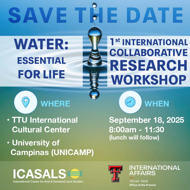 Join us for the first international research workshop on water challenges in Brazil &amp; Texas! 🌍
📍 TTU International Cultural Center
🗓️ Sept 18, 2025, 8-11:30am
Contact: Clifford B. Fedler, Ph.D, PE, BCEE, F. ASABE
Clifford.Fedler@ttu.edu
806.742.3667